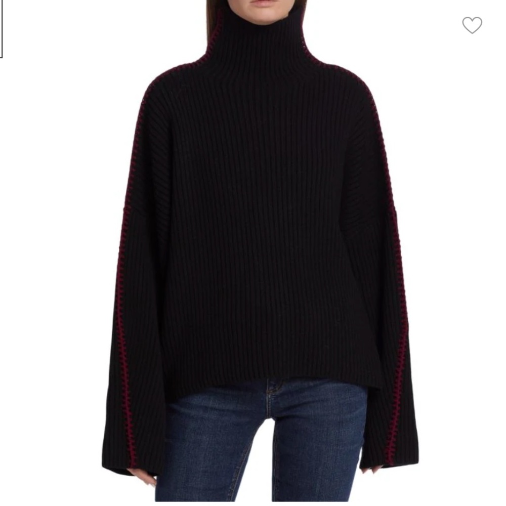 NWT rag & bone Ingrid Ribbed Contrast Sweater (Black with dark red whipstitch)